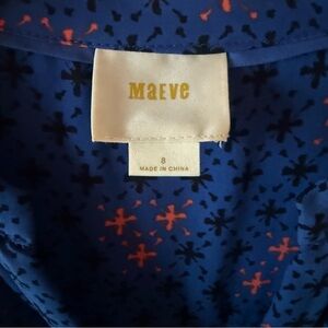 Maeve Anthropologie Blue Printed Long Sleeve Blouse V-Neck Size 8 Office Casual
